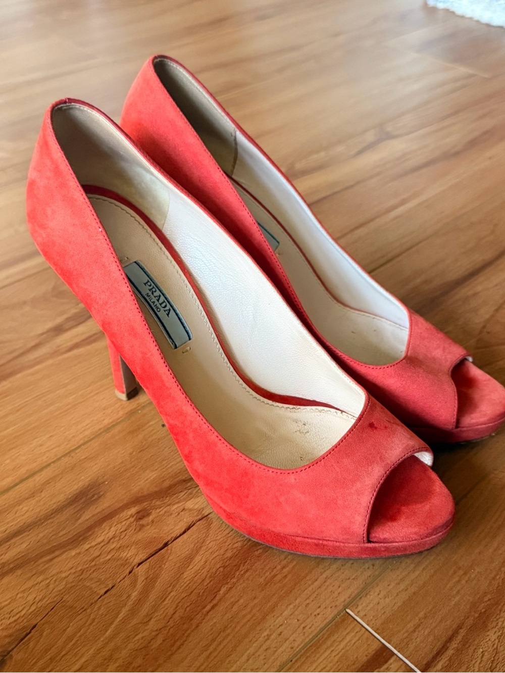 Prada Red Suede Peep-Toe High Heels